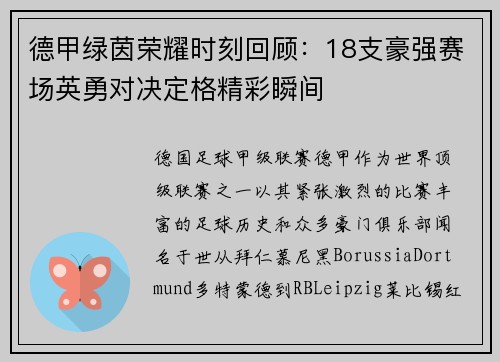 德甲绿茵荣耀时刻回顾：18支豪强赛场英勇对决定格精彩瞬间