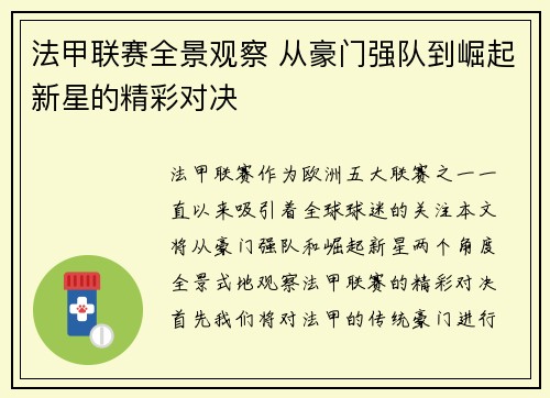 法甲联赛全景观察 从豪门强队到崛起新星的精彩对决
